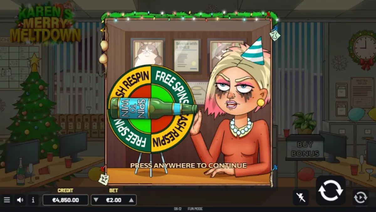Tampilan visual slot Karen’s Merry Meltdown dengan karakter Karen yang ikonik di pesta kantor.