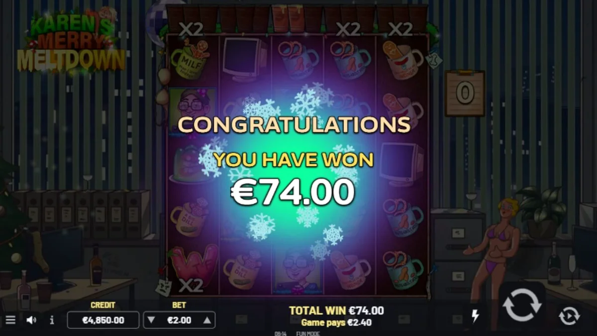 Karen’s Merry Meltdown slot machine interface with festive office theme