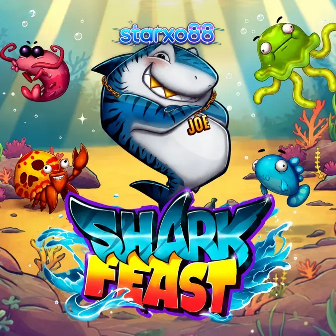 Tampilan visual grid 6x6 pada slot Shark Feast dengan elemen grafis bawah laut yang ceria.